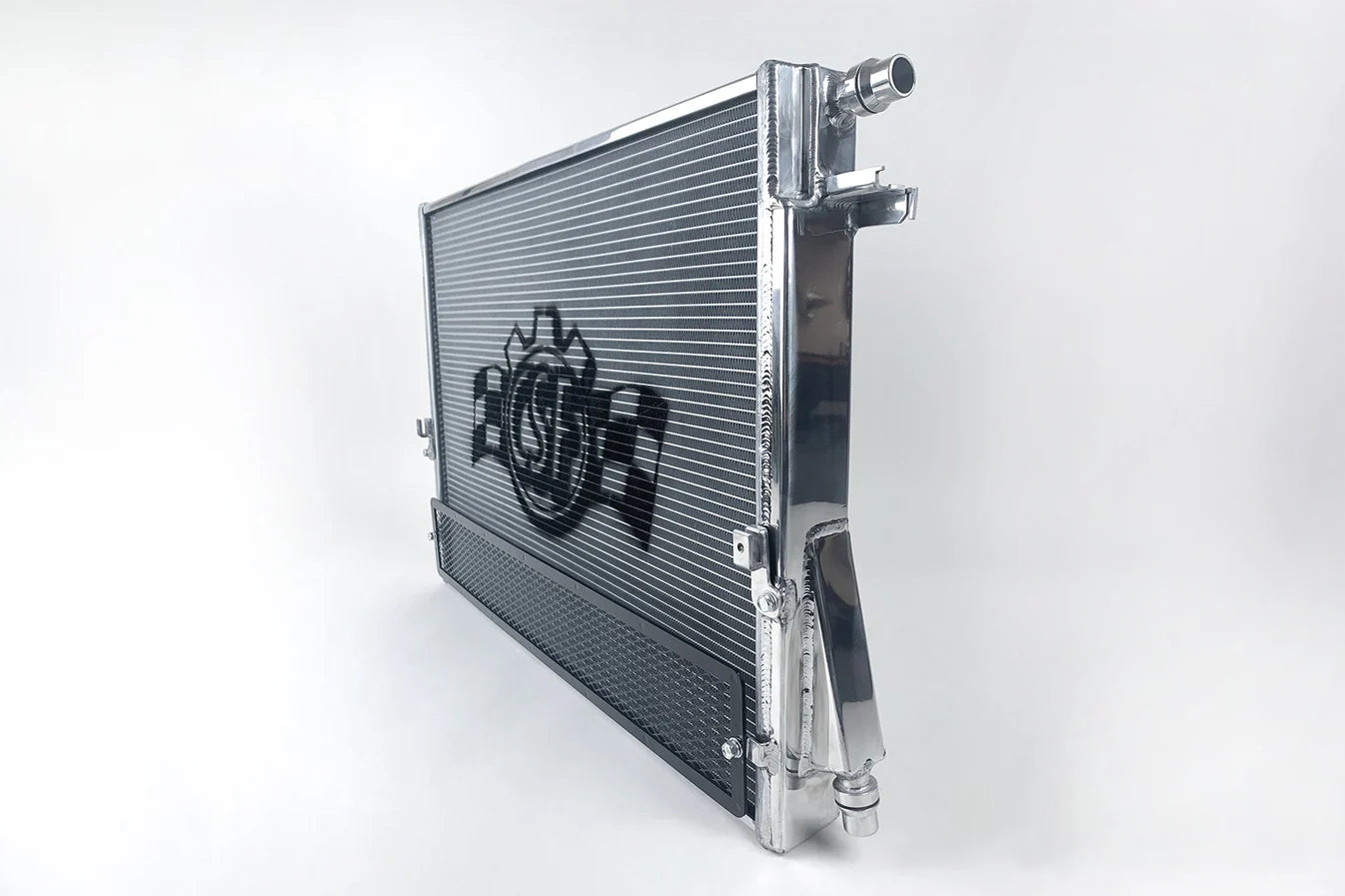 Heat exchanger radiator with protective mesh rock guard and side mounting brackets