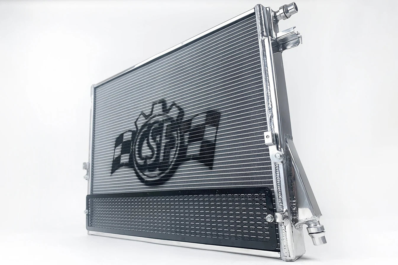 Performance heat exchanger radiator with protective rock guard panel and barb connectors