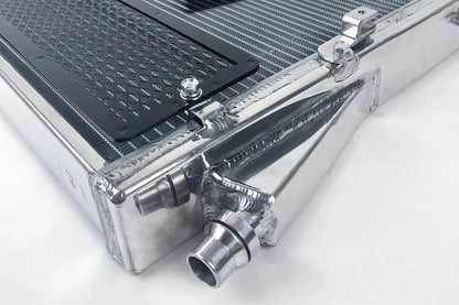 Heat exchanger radiator corner detail with rock guard mesh and metal fittings