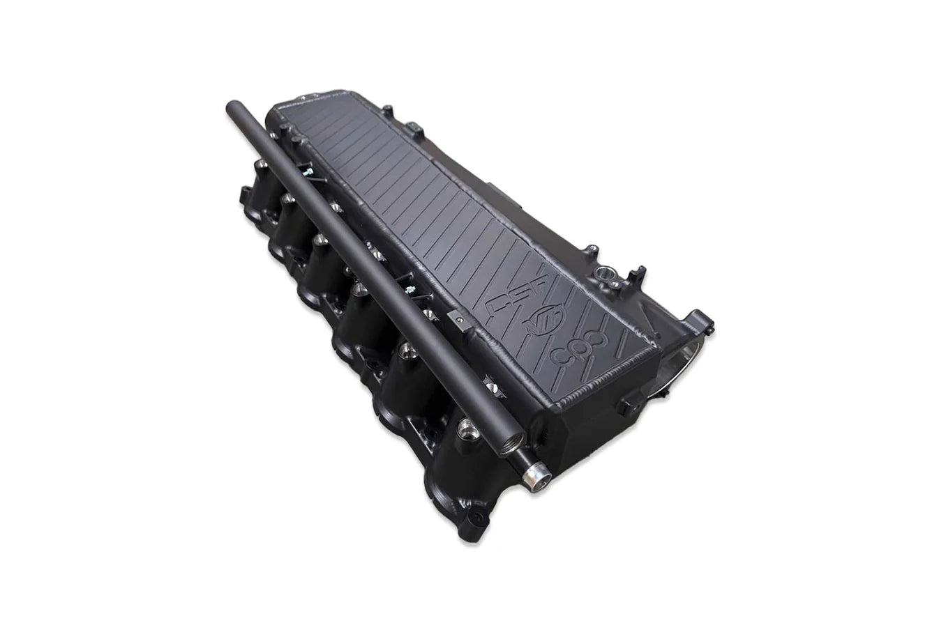 Charge-air cooler manifold, black finish with finned heat exchanger and hose connection ends