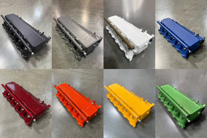 Charge-air cooler manifold color options shown: black, gray, white, blue, red, orange, yellow, green