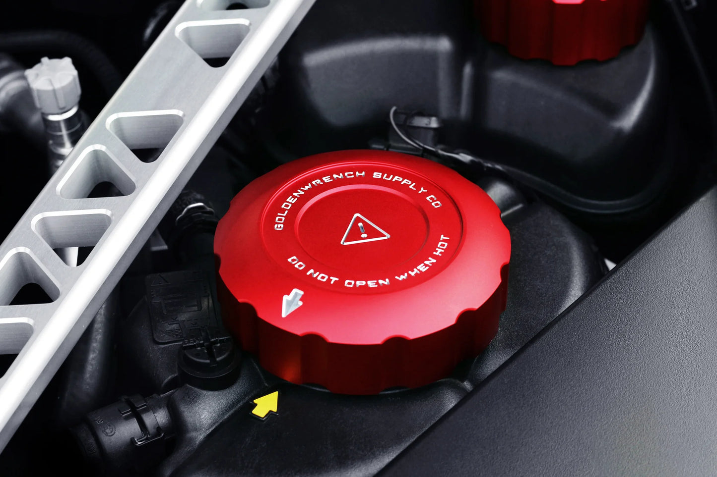 Coolant cap cover set: red cap cover with warning text and triangle icon