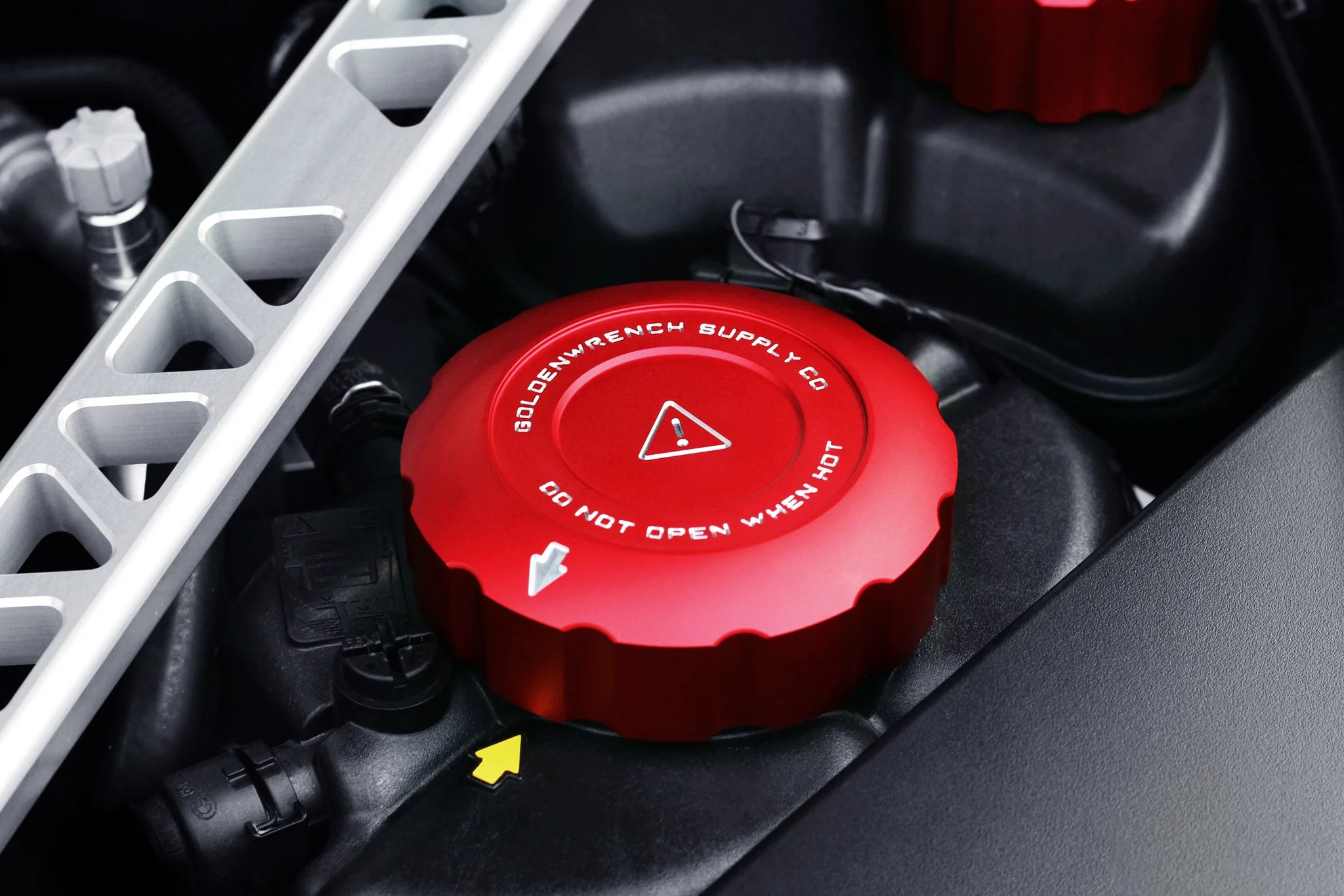 Coolant cap cover set: red cap cover with warning text and triangle icon