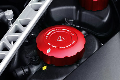 Coolant cap cover set: red cap cover with warning text and triangle icon