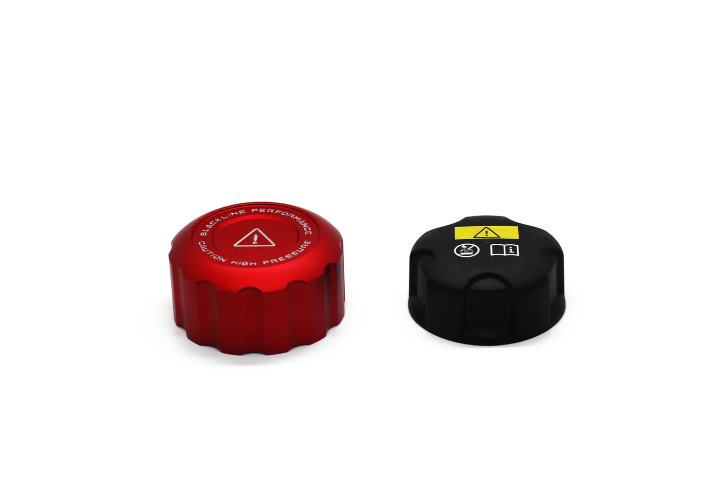 Coolant cap cover set: red and black cap covers shown from top views