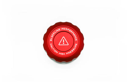 Coolant cap cover set: red cap cover top with “Blackline Performance” lettering