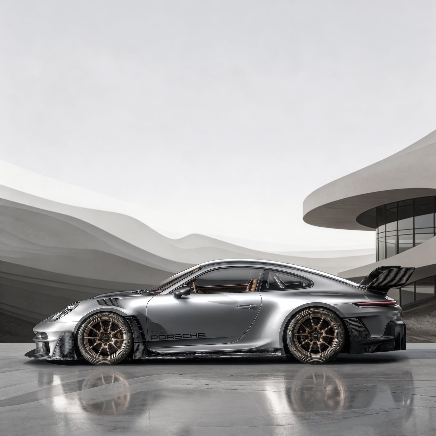 Silver Porsche 911 sports car side view with black aero kit and alloy wheels