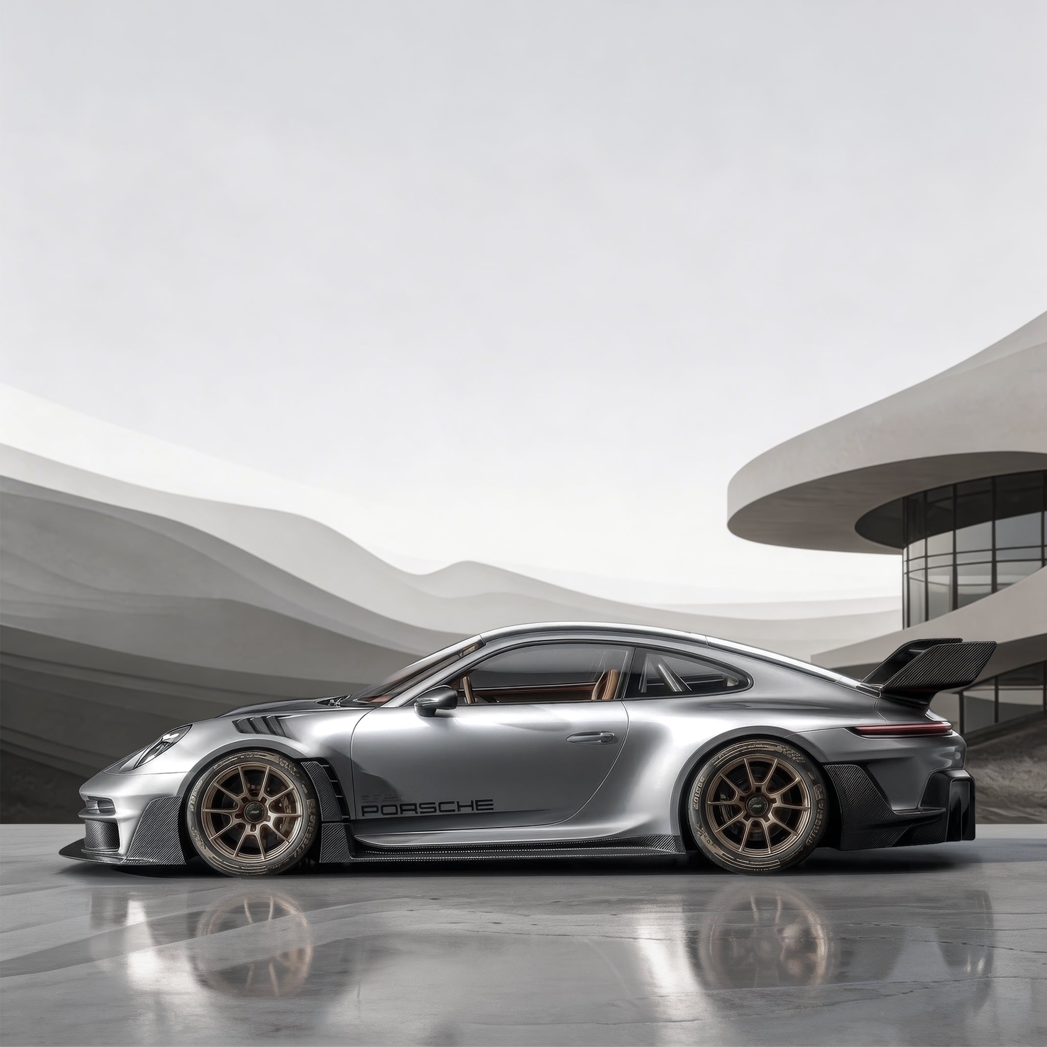 Silver Porsche 911 sports car side view with black aero kit and alloy wheels