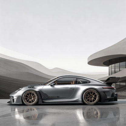 Silver Porsche 911 sports car side view with black aero kit and alloy wheels