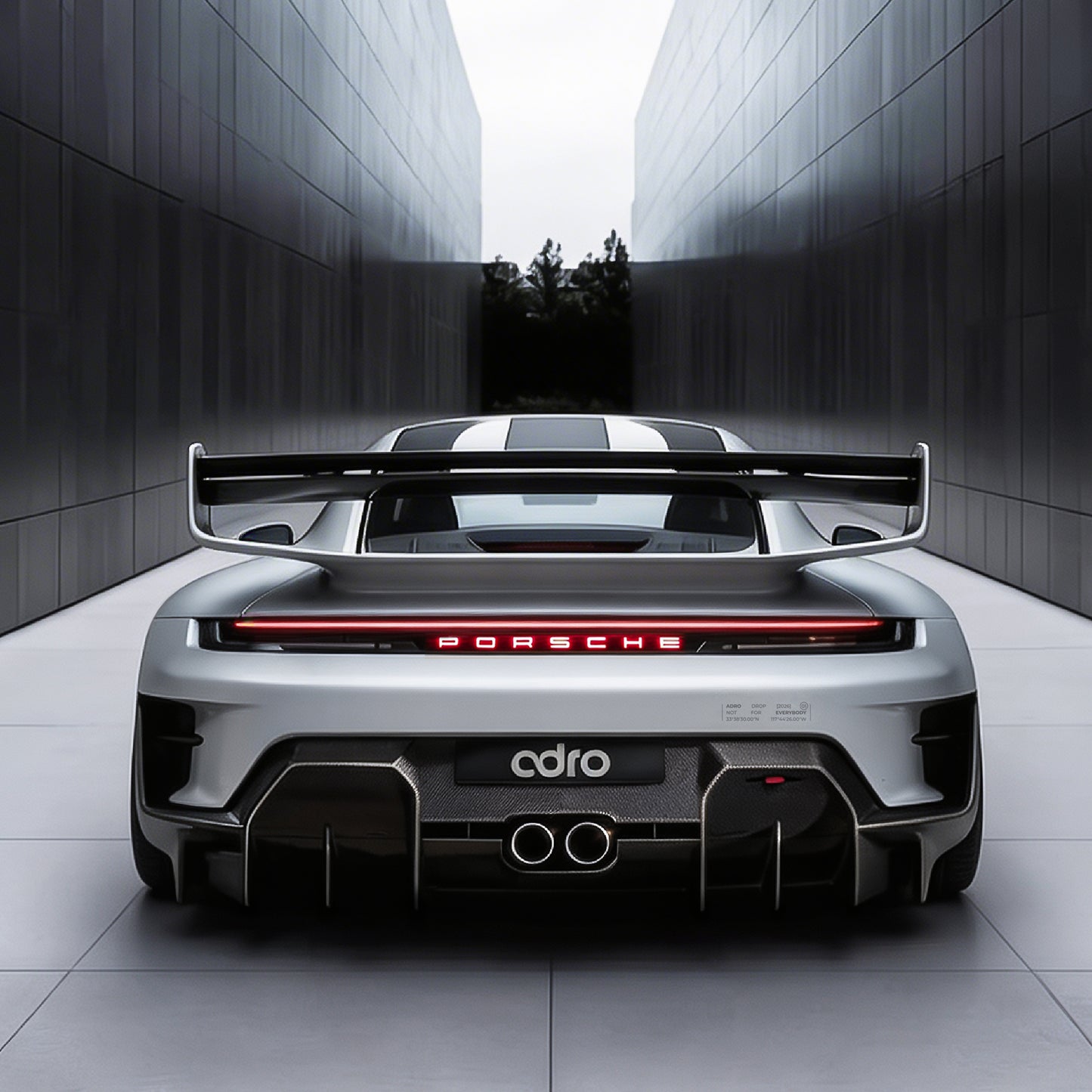 Silver Porsche 911 rear view with spoiler, black diffuser, and red taillights