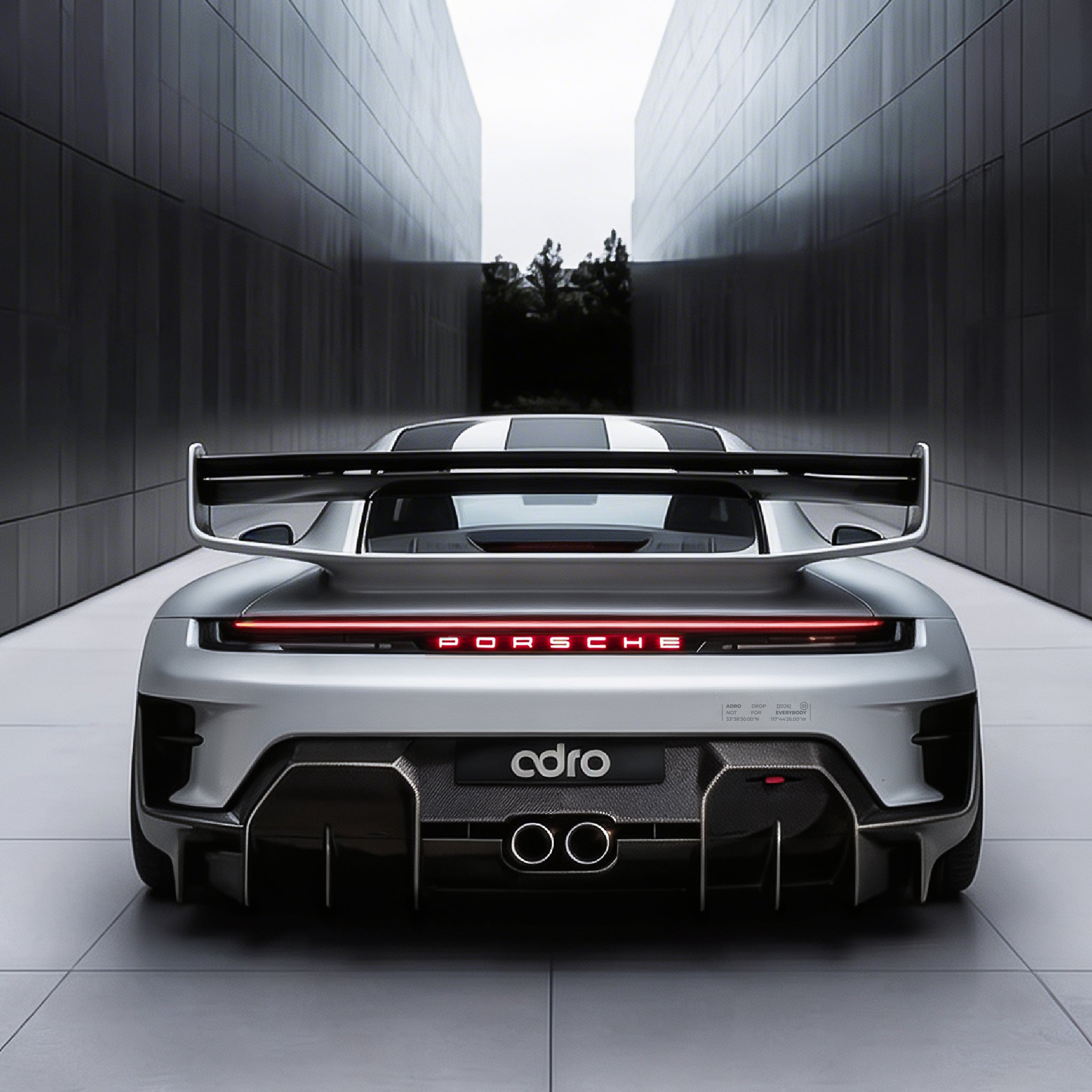 Silver Porsche 911 rear view with spoiler, black diffuser, and red taillights
