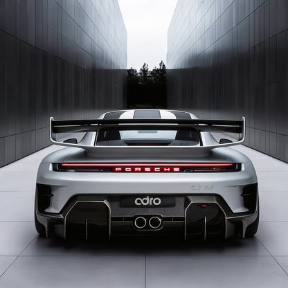 Silver Porsche 911 rear view with spoiler, black diffuser, and red taillights