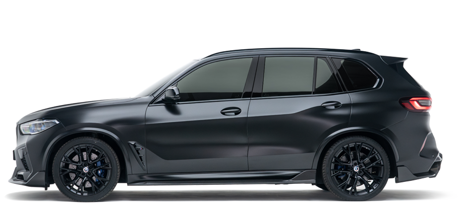 Dark grey BMW X5 M SUV, side view with black alloy wheels and LED taillight