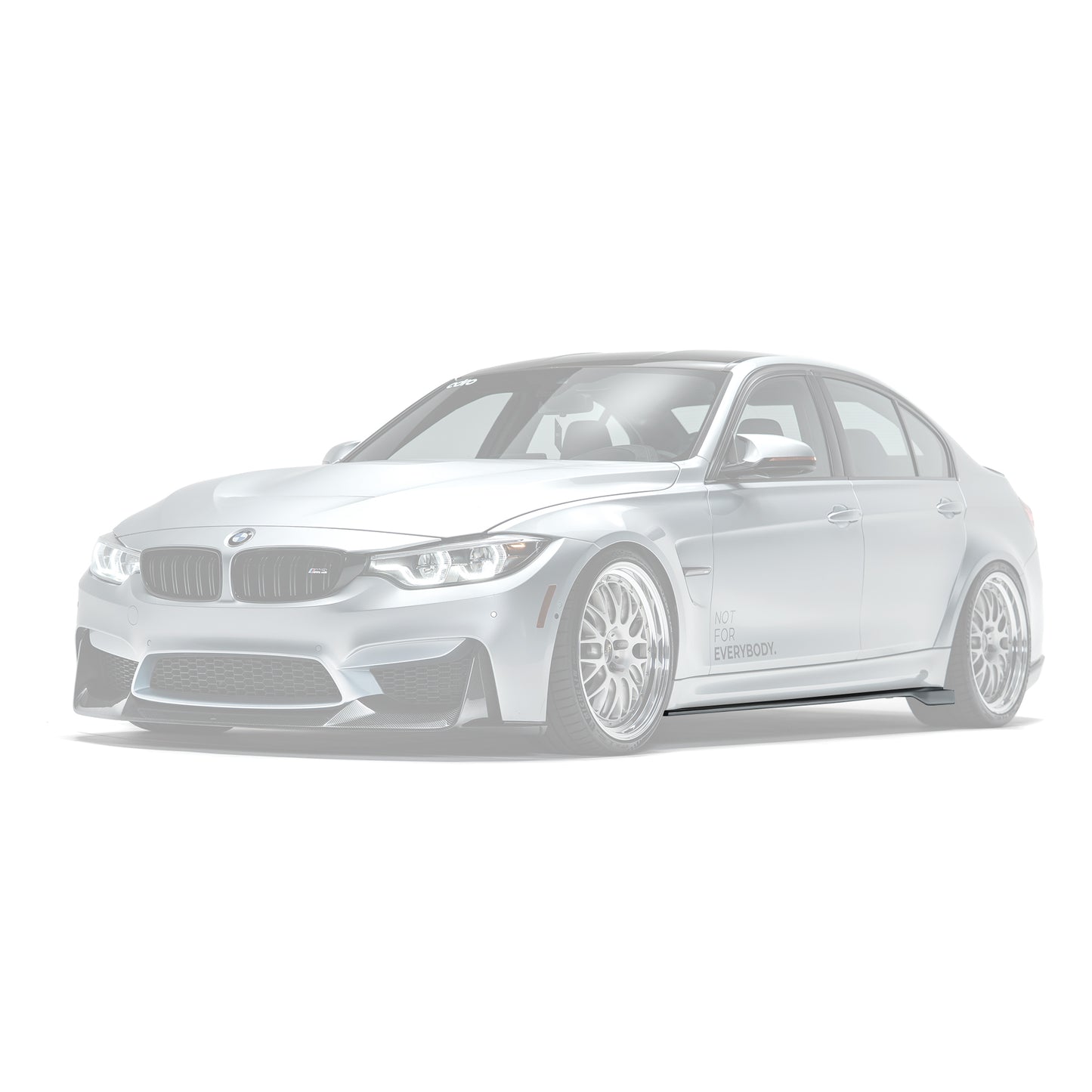 Carbon fiber side skirts, dark textured panels along rocker trim.