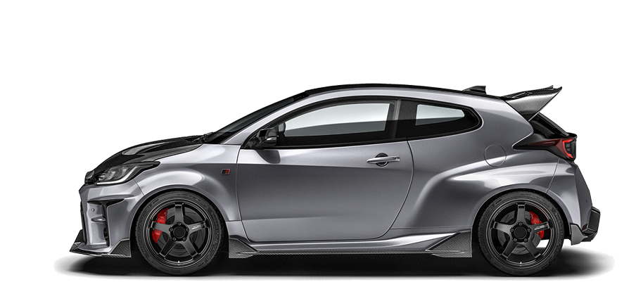 TOYOTA GR YARIS sports car in gray with black wheels and rear spoiler