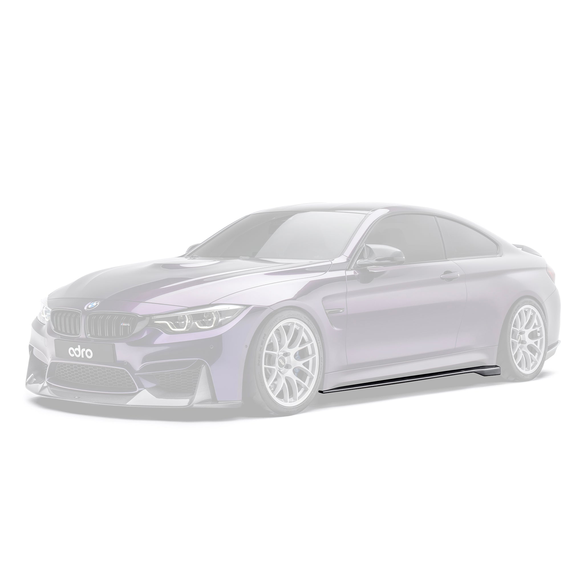 Carbon fiber side skirts for BMW M4, dark trim along lower door edge