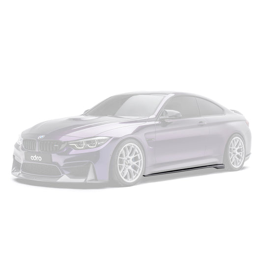 Carbon fiber side skirts for BMW M4, dark trim along lower door edge