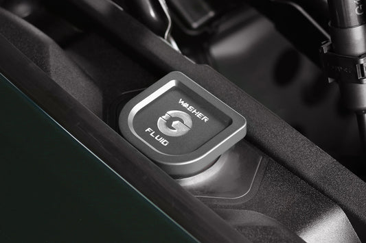 Washer fluid cap, dark gray with silver trim and washer-fluid icon