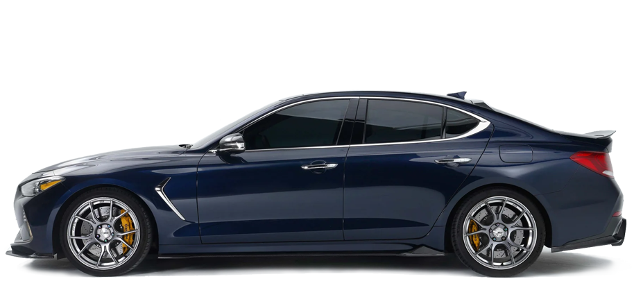 Blue performance sedan with front-left wheel, hood vent, and side body lines visible