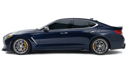 Blue performance sedan with front-left wheel, hood vent, and side body lines visible