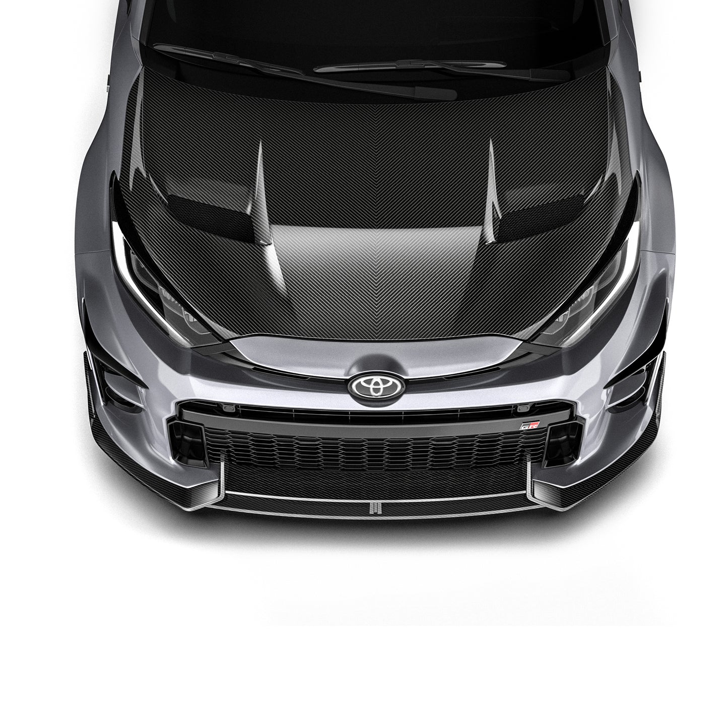 Front view prepreg hood, black carbon-fiber weave with raised center fins