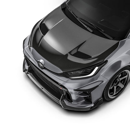 Prepreg hood, black carbon-fiber weave with sculpted aerodynamic contours