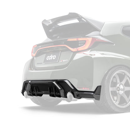 ADRO carbon fiber rear diffuser on Toyota GR Yaris Gen 2, rear installed view showing fitment with existing aero components.