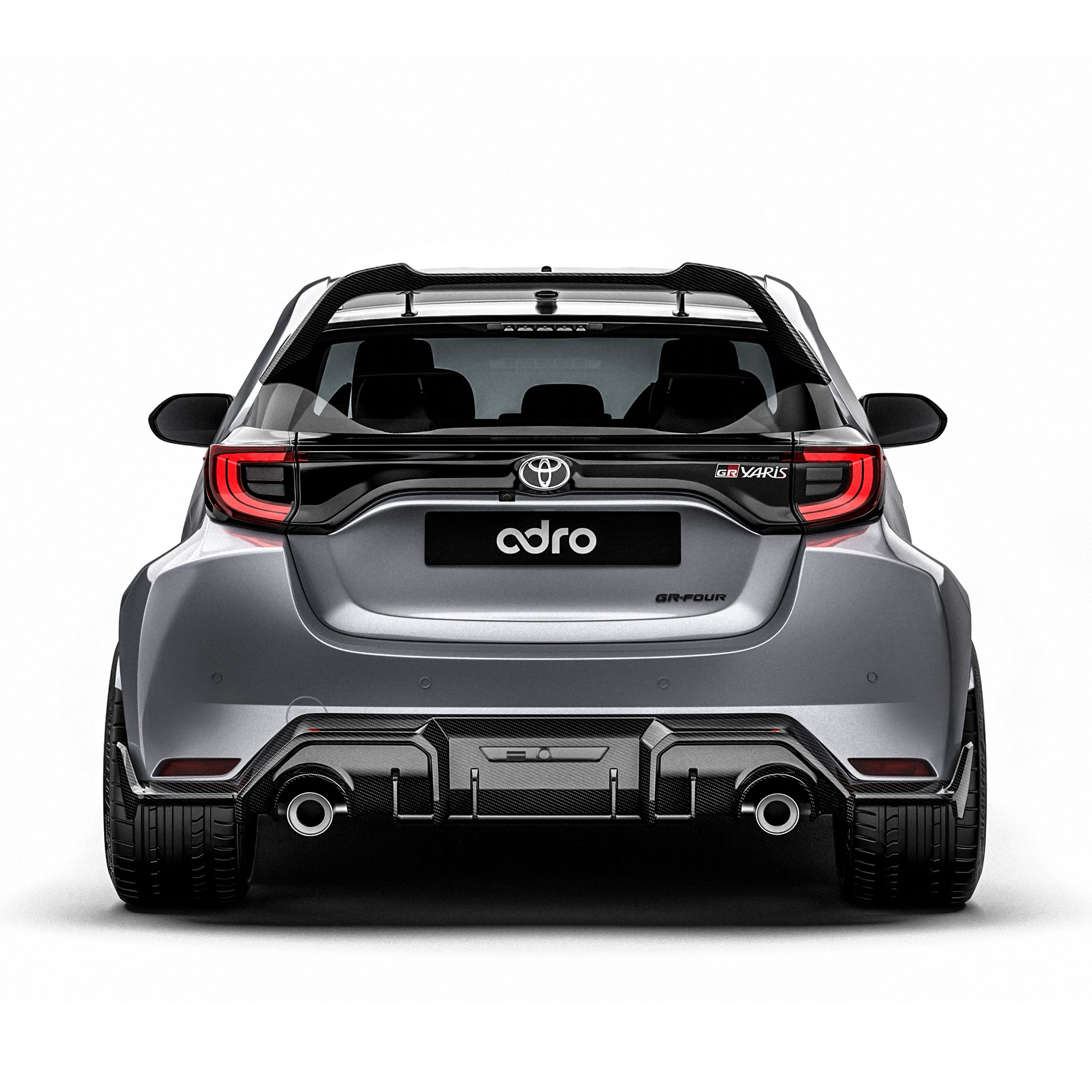 Carbon fiber rear diffuser with black woven trim and twin round exhaust outlets