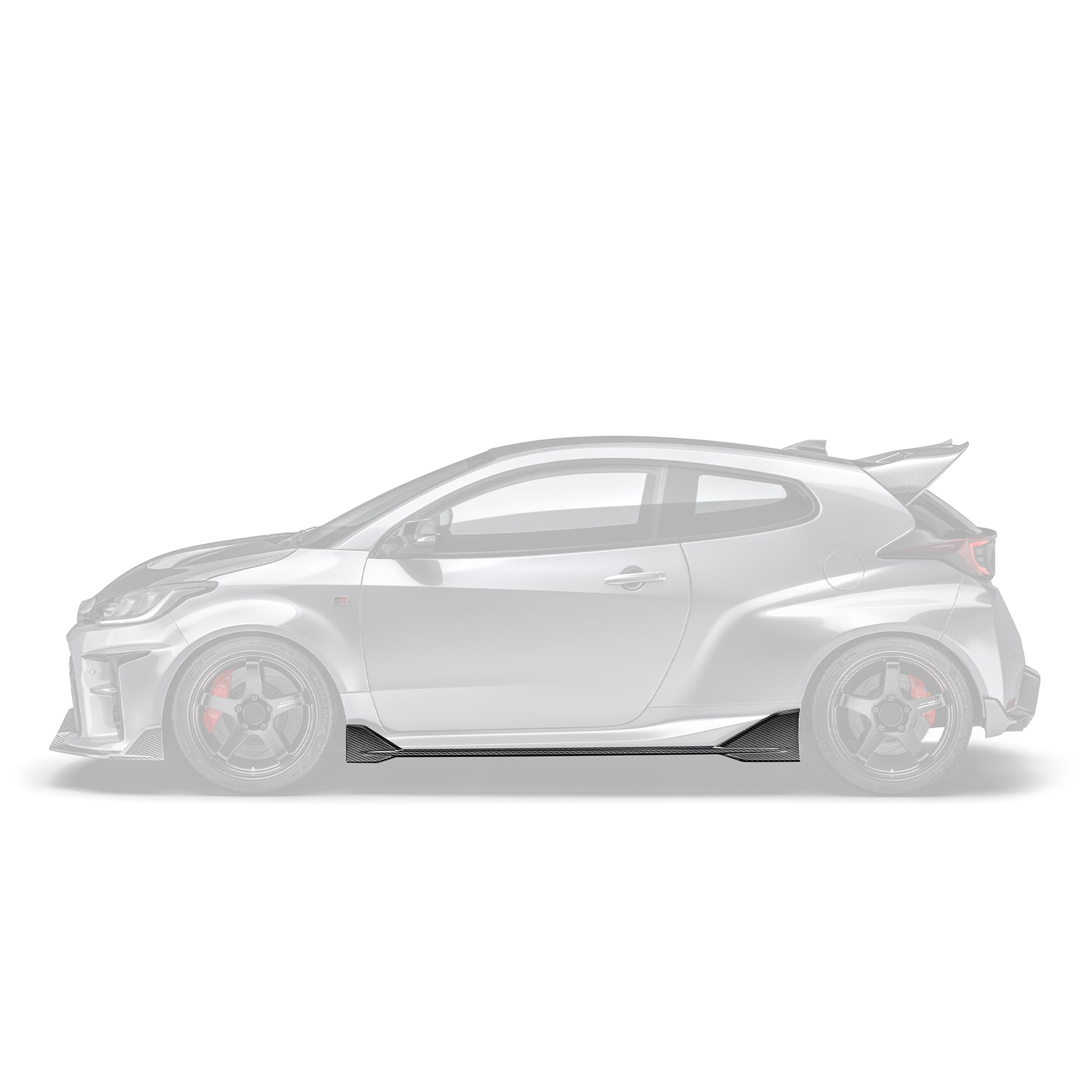 Carbon fiber side skirt, shown on Toyota GR Yaris in white side profile.
