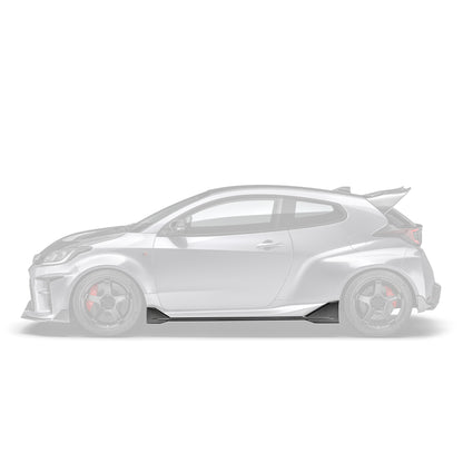 Carbon fiber side skirt, shown on Toyota GR Yaris in white side profile.