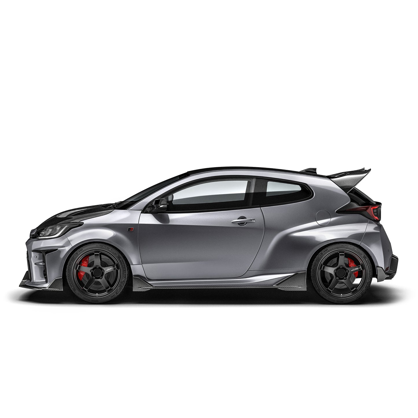 Carbon fiber side skirt, shown on Toyota GR Yaris in dark gray side view.
