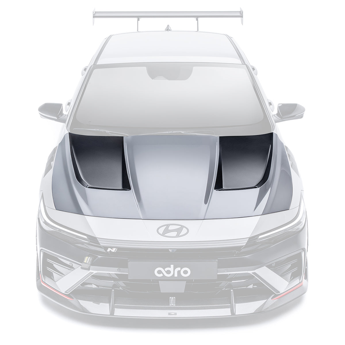 Sports car front lower diffuser with black side fins and carbon-fiber style trim