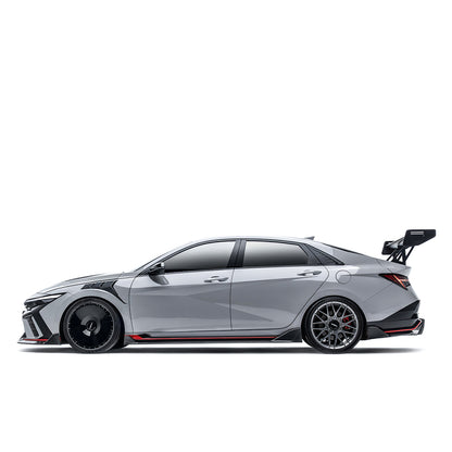 Black carbon fiber side skirt with red accent stripe on both rocker sides
