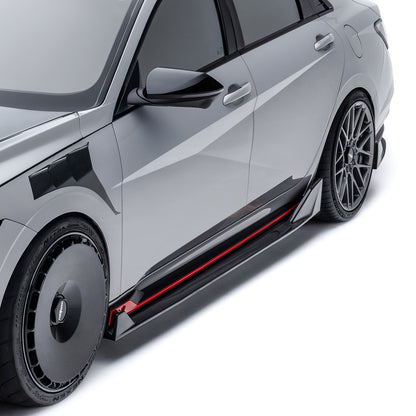 Black carbon fiber side skirt with red accent stripe and angular end pieces