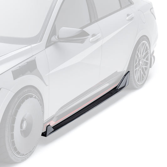 Black carbon fiber side skirt with red accent stripe along the rocker panel