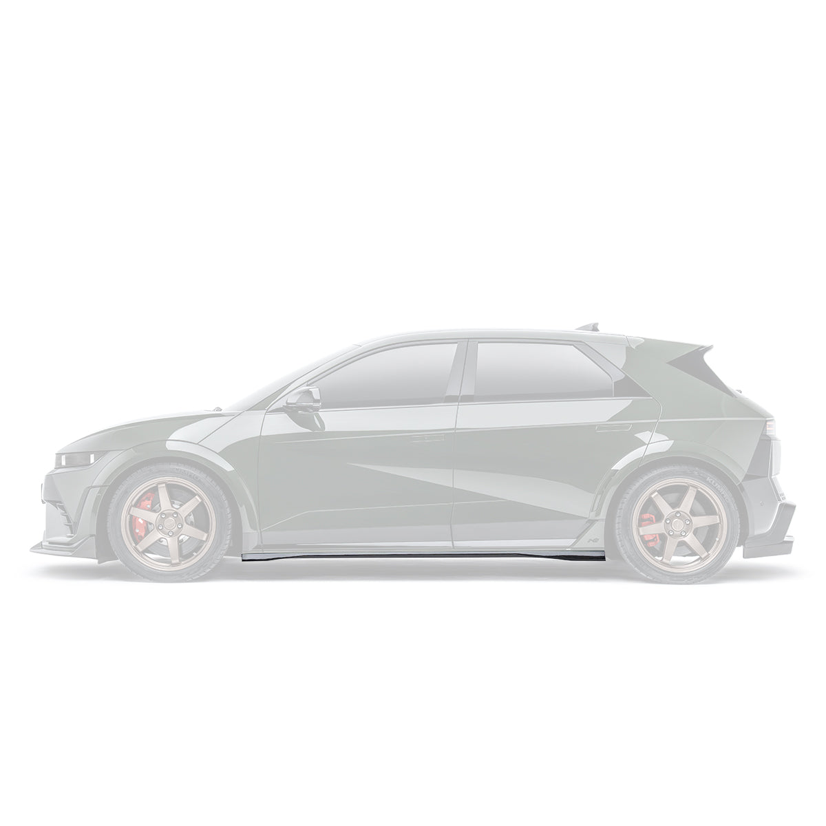 Carbon-fiber style side skirts with black finish and silver edge trim on a white car