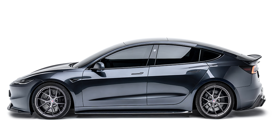 Tesla Model 3 Highland sedan in dark gray, front side view with alloy wheels