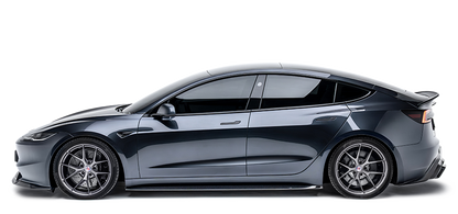 Tesla Model 3 Highland sedan in dark gray, front side view with alloy wheels