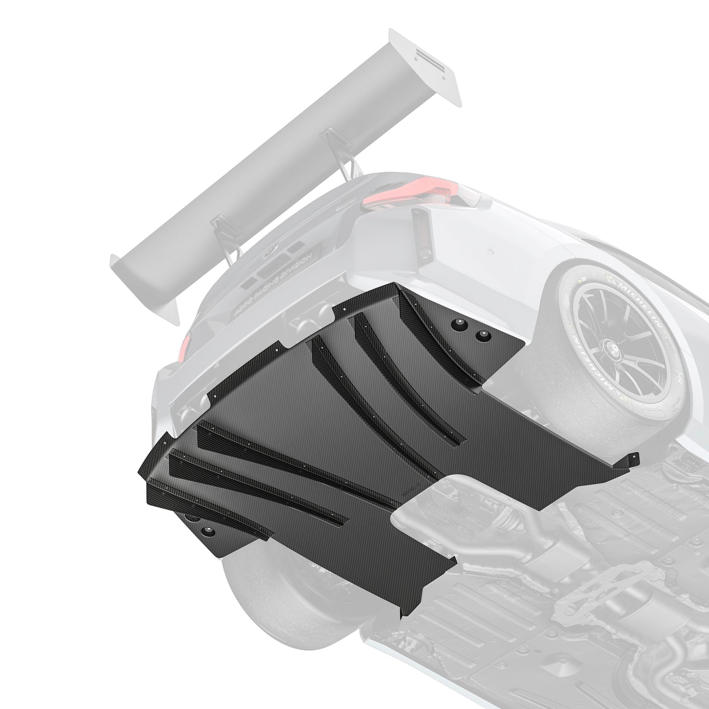 Carbon-fiber race rear diffuser panel with vertical fins and mounting holes