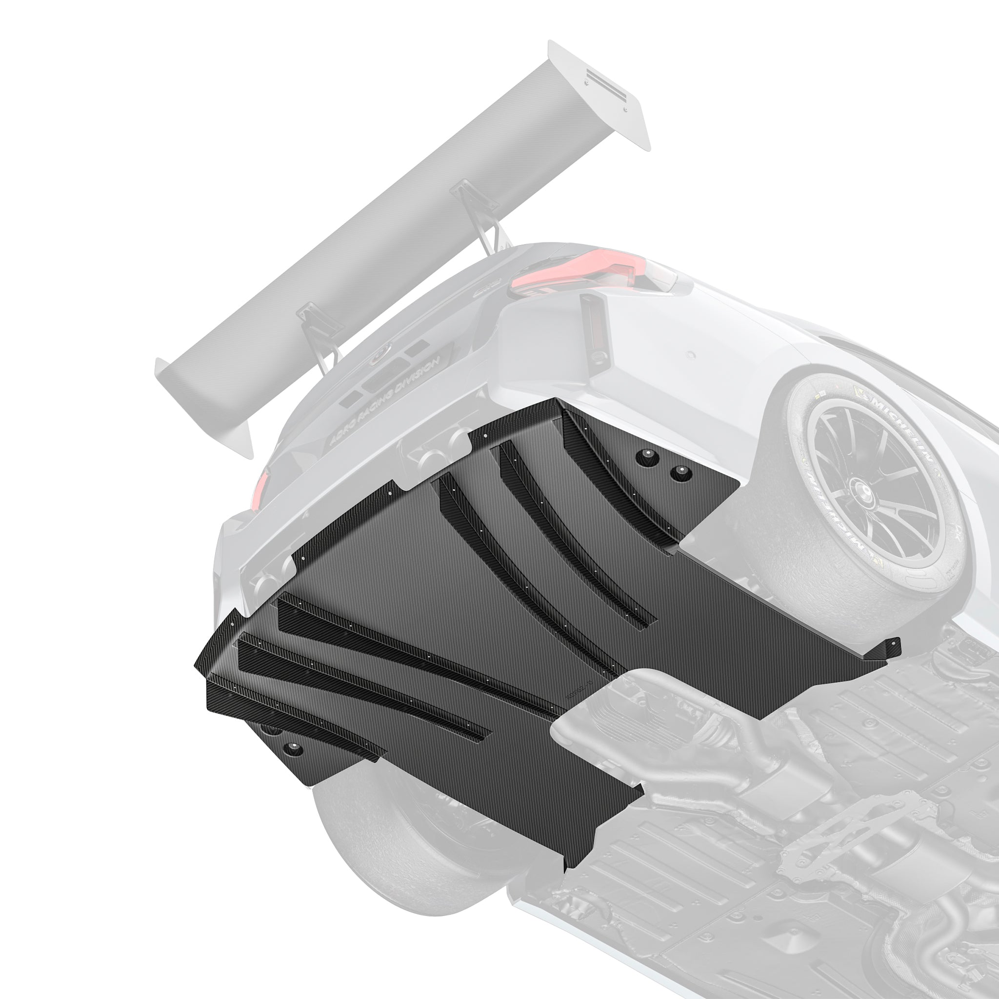 Carbon-fiber race rear diffuser panel with vertical fins and mounting holes
