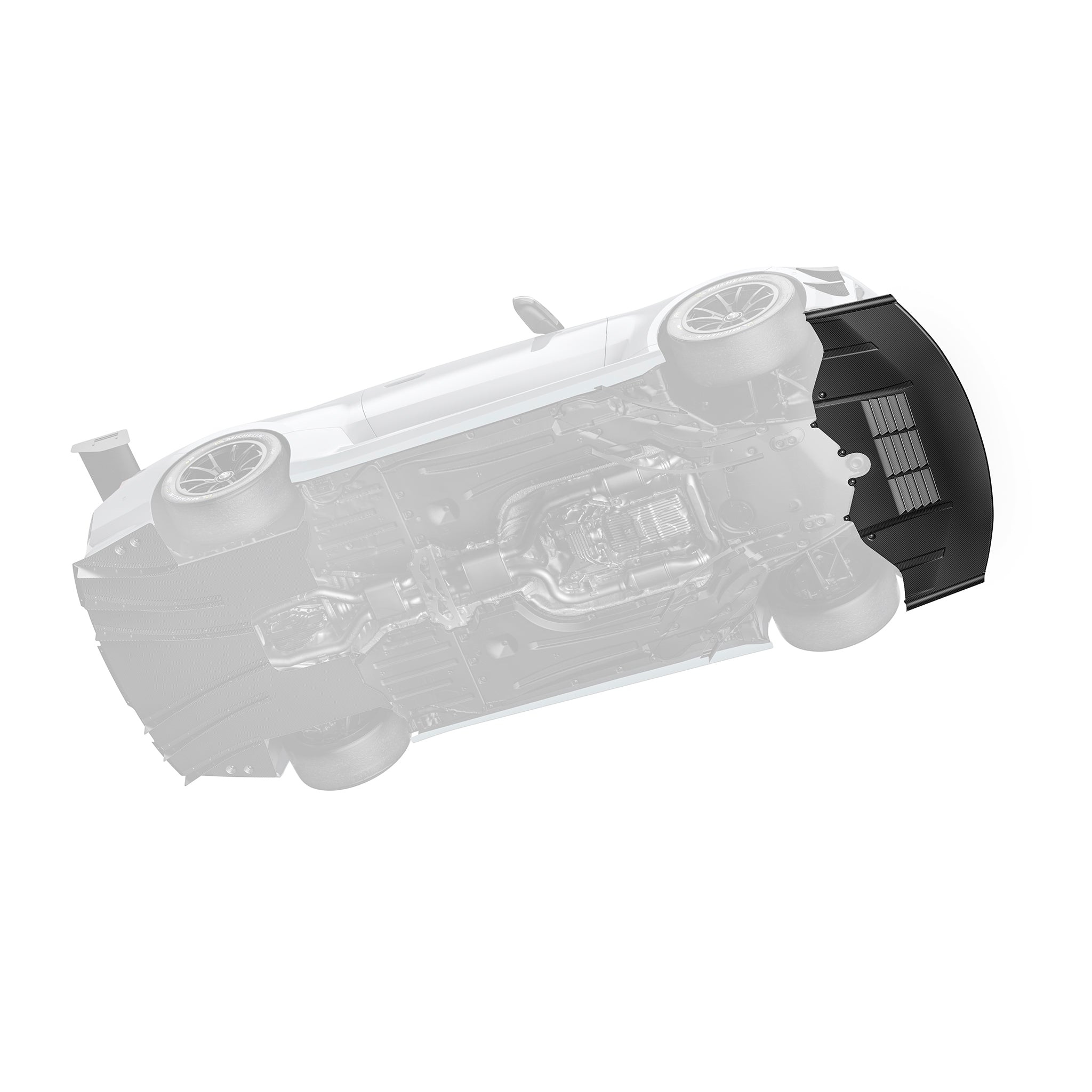 BMW G87 M2 race splitter underside, black mounting plates and side extensions
