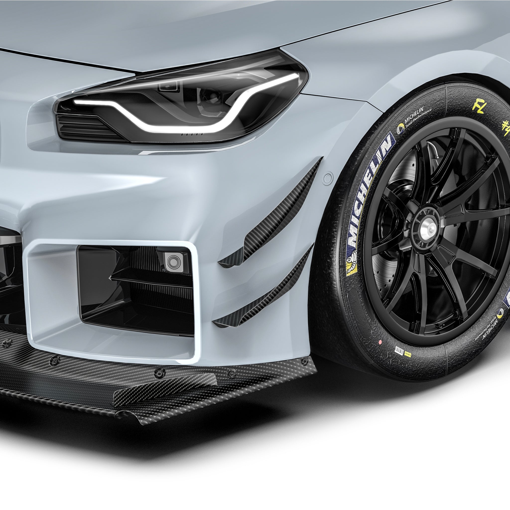 Front bumper carbon fiber race canards with curved fins, black weave texture