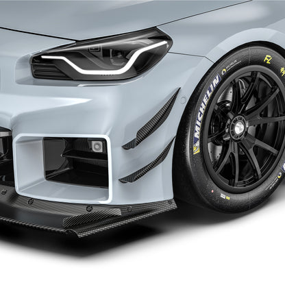 Front bumper carbon fiber race canards with curved fins, black weave texture