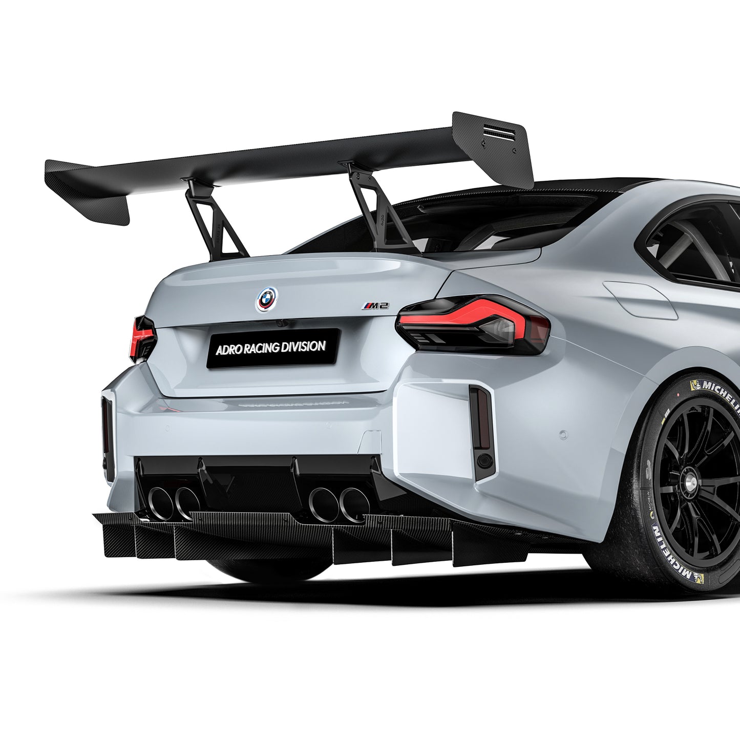 Carbon-fiber race rear diffuser with fins and multiple exhaust openings on sports car
