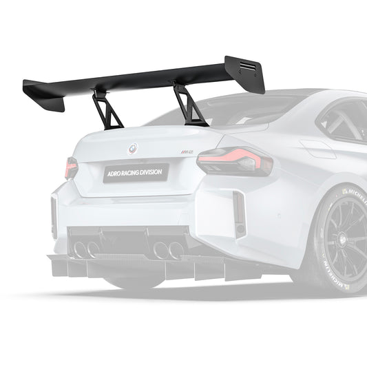 Rear motorsport wing spoiler with black carbon-fiber look and mounting brackets