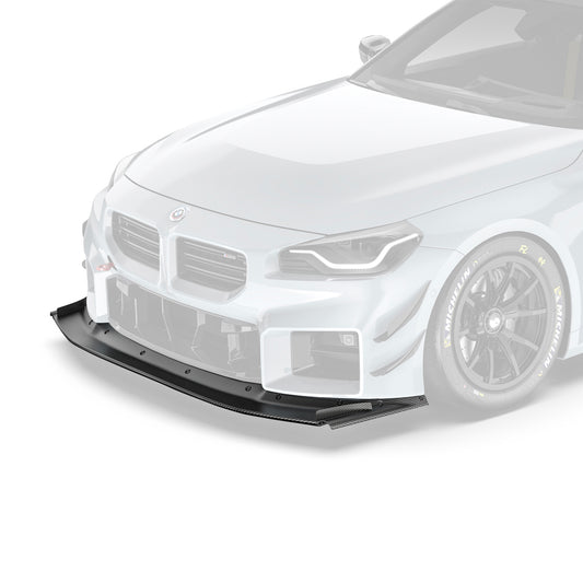 BMW G87 M2 race splitter lip, black front carbon style with scalloped edge
