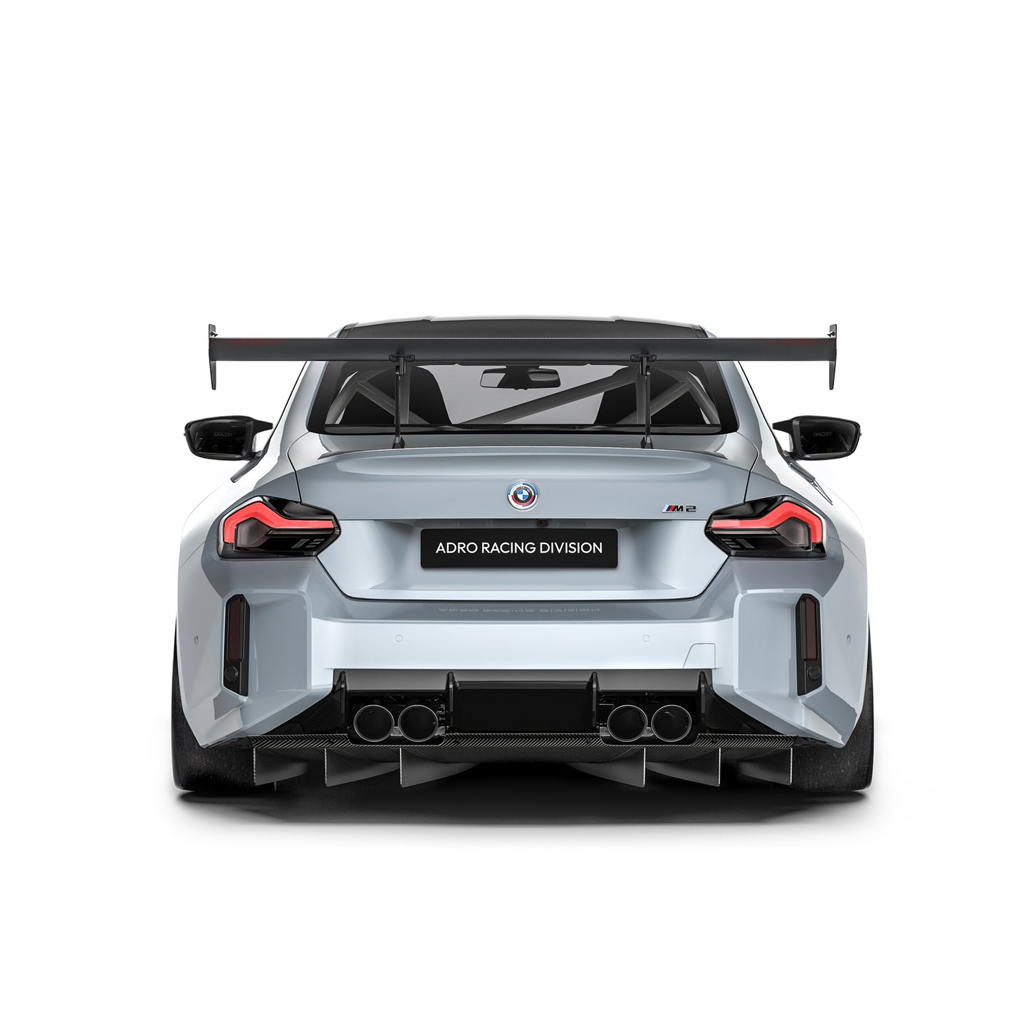 Rear view of carbon-fiber race diffuser with fins and four exhaust outlets