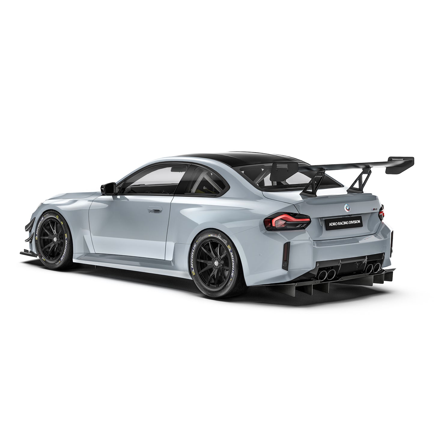 Race rear diffuser with carbon-fiber fins and dual exhaust cutouts on sports car