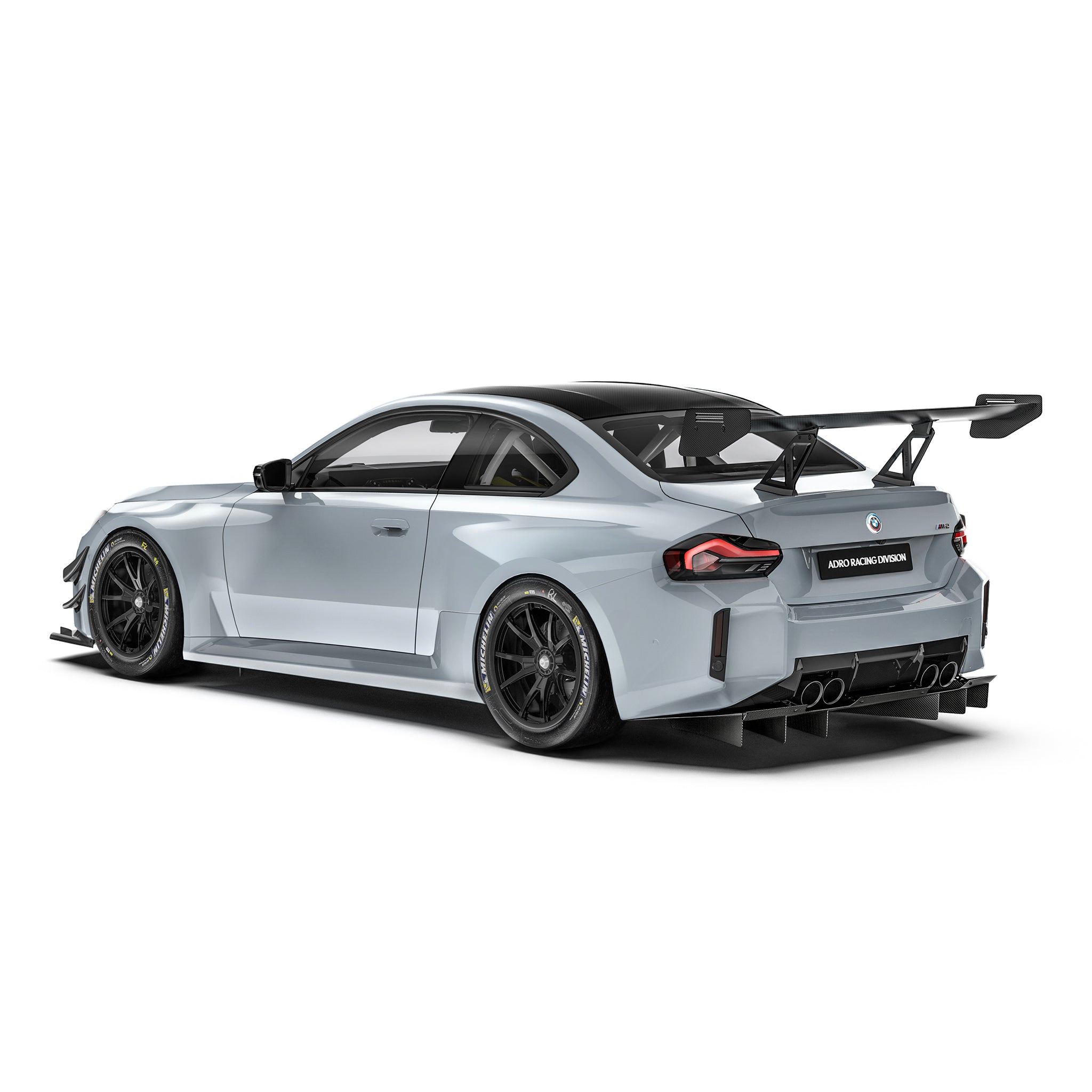 Race rear diffuser with carbon-fiber fins and dual exhaust cutouts on sports car