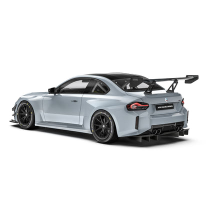 Race rear diffuser with carbon-fiber fins and dual exhaust cutouts on sports car